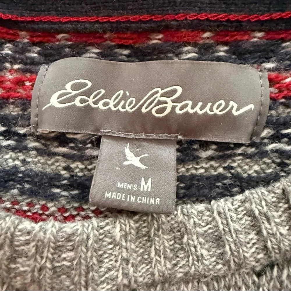 Eddie Bauer Fair Isle Wool Blend Sweater Mens Medium Gray Nordic Crewneck - Picture 3 of 8